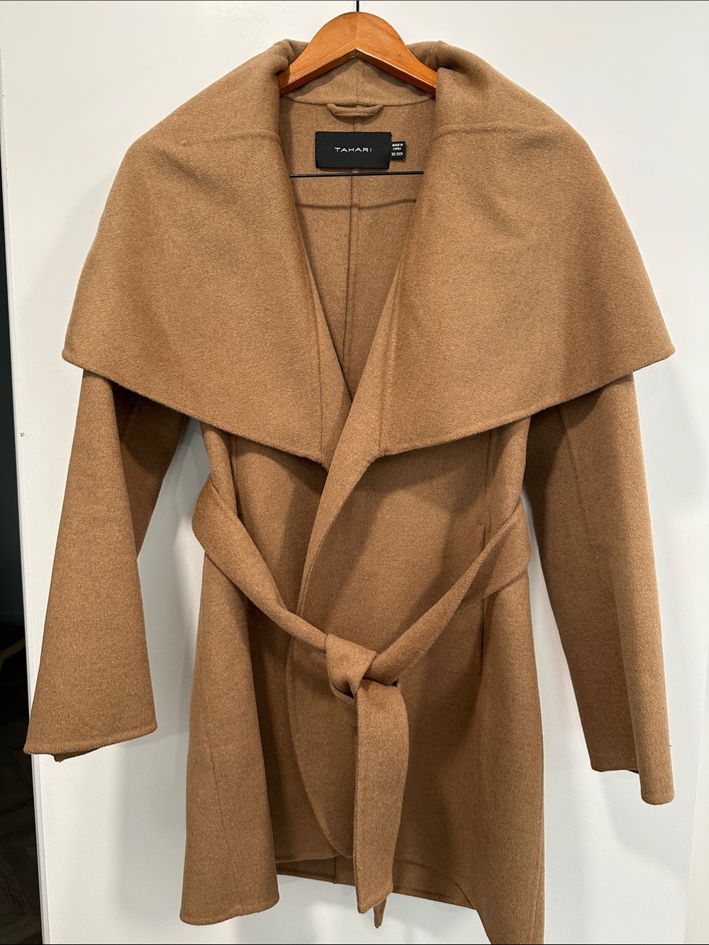 Tahari Camel Belted Shawl-Collar Coat